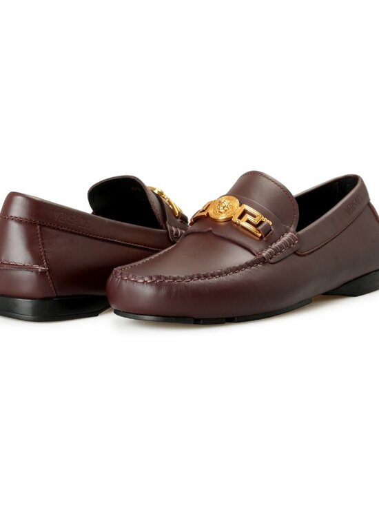 Versace Men\'s Burgundy 100% Leather Gold Medusa Driver Loafers Shoes US 8 IT 41